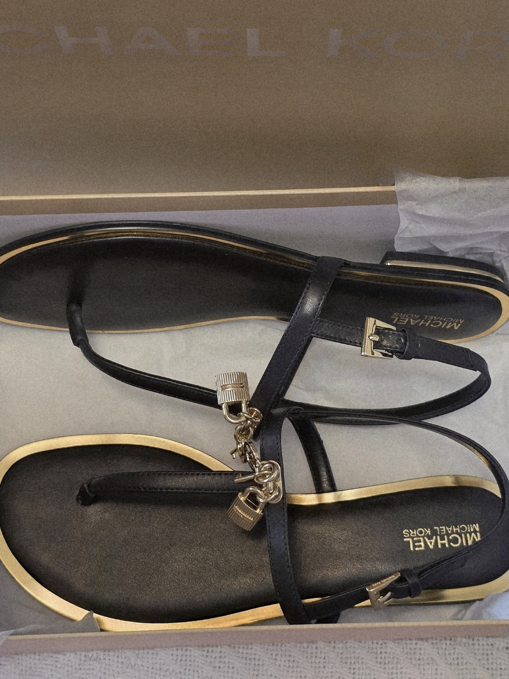 MICHAEL Michael Kors Suki Lock Charm Thong Sandals In Black Size 7.5M